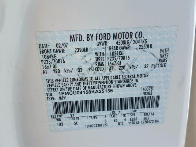 1FMCU04158KA25136 - 2008 FORD ESCAPE LIM WHITE photo 10