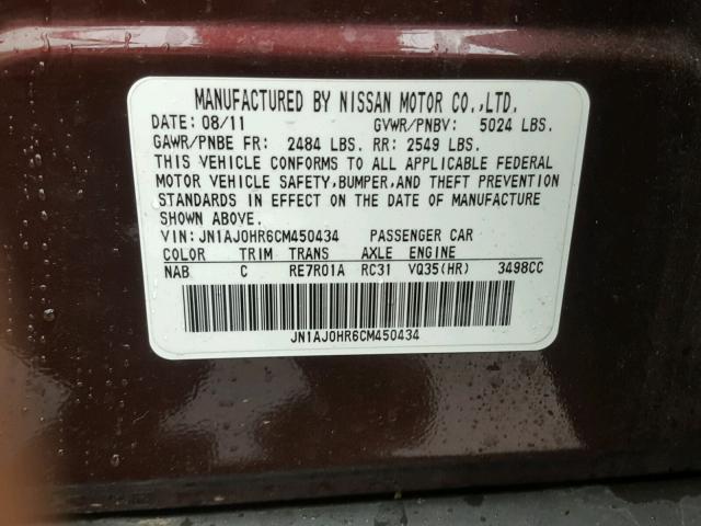 JN1AJ0HR6CM450434 - 2012 INFINITI EX35 BASE MAROON photo 10