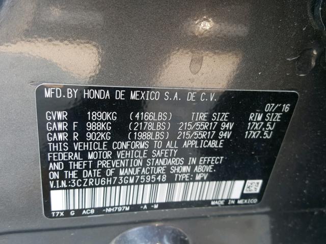 3CZRU6H73GM759548 - 2016 HONDA HR-V EXL CHARCOAL photo 10