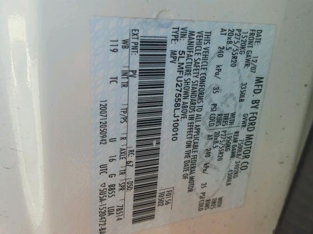 5LMFU27558LJ10010 - 2008 LINCOLN NAVIGATOR WHITE photo 10