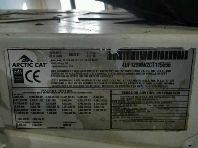 4UF12SNW2CT115556 - 2012 ARCTIC CAT M8  WHITE photo 10