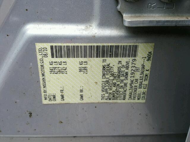 1N4AL2AP9AC192379 - 2010 NISSAN ALTIMA BAS SILVER photo 10