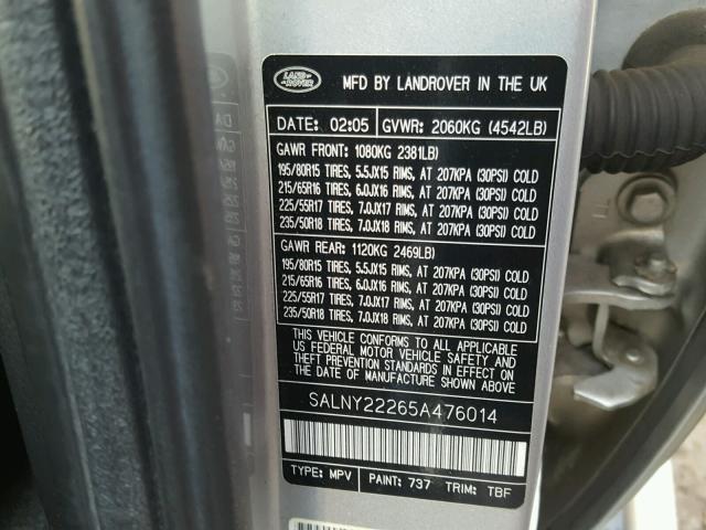 SALNY22265A476014 - 2005 LAND ROVER FREELANDER GRAY photo 10