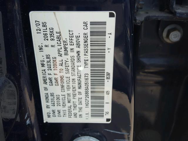 1HGCP26868A051673 - 2008 HONDA ACCORD EXL BLUE photo 10