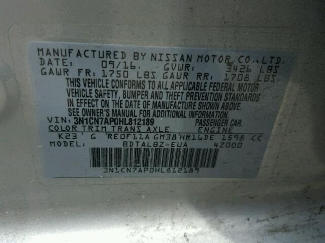 3N1CN7AP0HL812189 - 2017 NISSAN VERSA SILVER photo 10