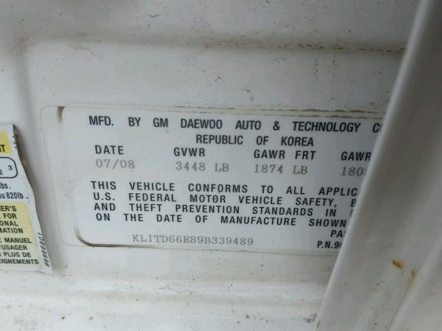 KL1TD66E89B339489 - 2009 CHEVROLET AVEO LS WHITE photo 10