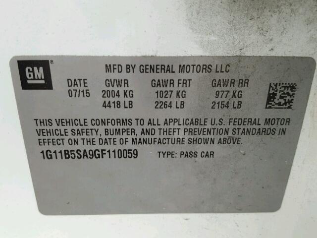 1G11B5SA9GF110059 - 2016 CHEVROLET MALIBU LIM 白色 照片 10