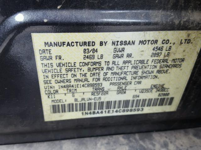 1N4BA41E14C898593 - 2004 NISSAN MAXIMA SE CHARCOAL photo 10