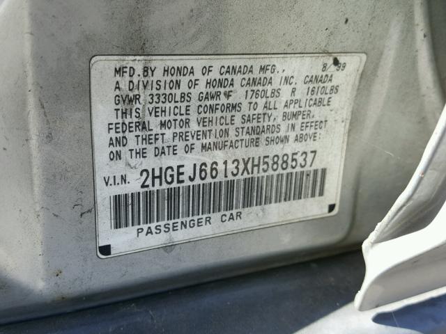 2HGEJ6613XH588537 - 1999 HONDA CIVIC BASE فضي صورة 10