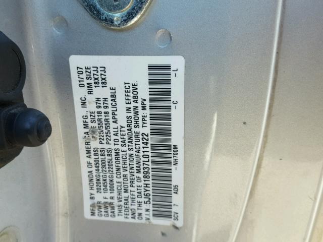 5J6YH18937L011422 - 2007 HONDA ELEMENT SC SILVER photo 10