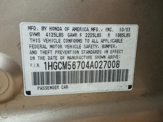 1HGCM56704A027008 - 2004 HONDA ACCORD EX BEIGE photo 10