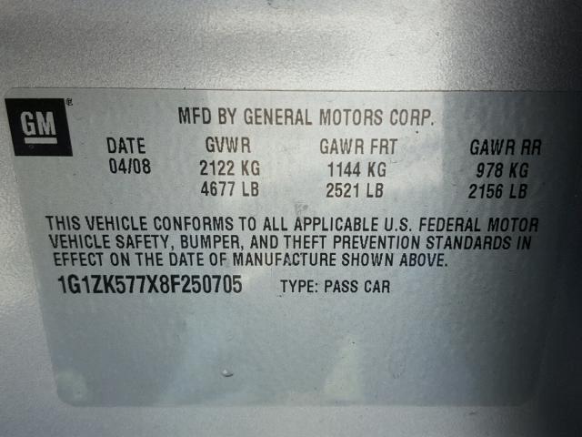 1G1ZK577X8F250705 - 2008 CHEVROLET MALIBU LTZ 银色 照片 10