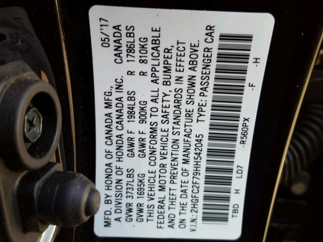 2HGFC2F79HH542045 - 2017 HONDA CIVIC EX იასამნისფერი ფოტო 10