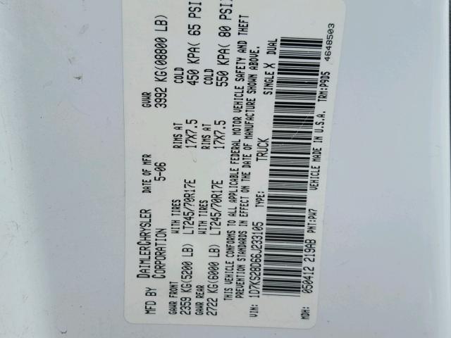 1D7KS28D66J233105 - 2006 DODGE RAM 2500 S WHITE photo 10