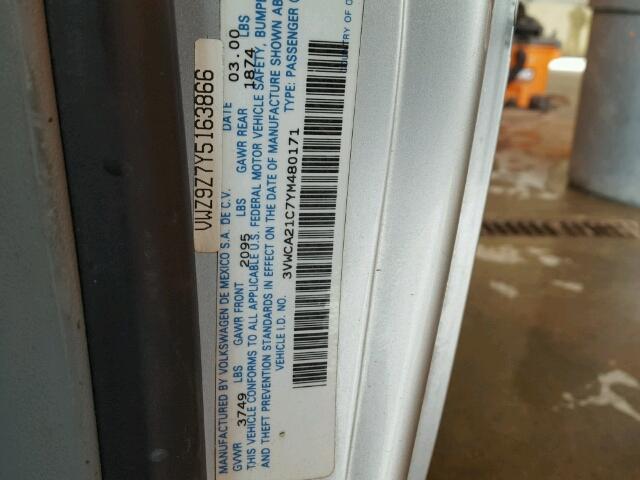 3VWCA21C7YM480171 - 2000 VOLKSWAGEN NEW BEETLE 银色 照片 10