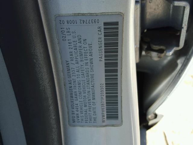 WVWPH63B71P209302 - 2001 VOLKSWAGEN PASSAT GLS SILVER photo 10