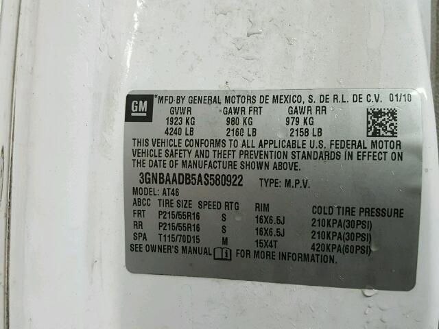 3GNBAADB5AS580922 - 2010 CHEVROLET HHR LS WHITE photo 10