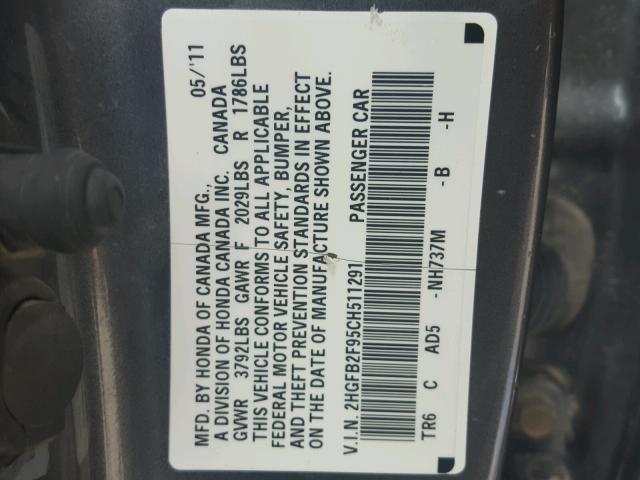2HGFB2F95CH511291 - 2012 HONDA CIVIC EXL GRAY photo 10