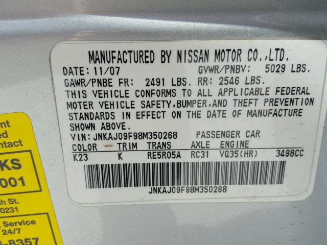 JNKAJ09F98M350268 - 2008 INFINITI EX35 BASE SILVER photo 10