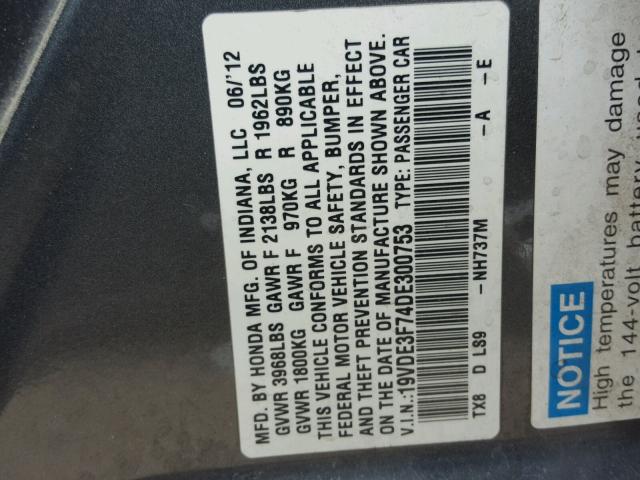 19VDE3F74DE300753 - 2013 ACURA ILX HYBRID CHARCOAL photo 10