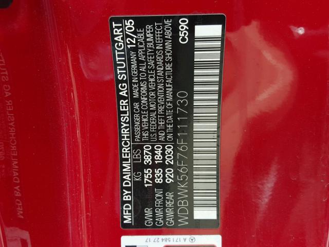 WDBWK56F76F111730 - 2006 MERCEDES-BENZ SLK 350 RED photo 10