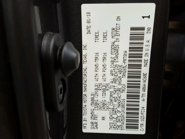 5TFAX5GN7JX108316 - 2018 TOYOTA TACOMA DOU GRAY photo 10