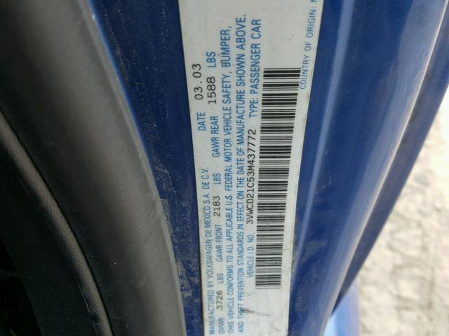 3VWCD21C53M437772 - 2003 VOLKSWAGEN NEW BEETLE 蓝色 照片 10