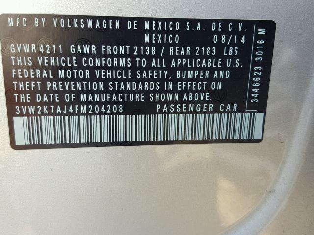 3VW2K7AJ4FM204208 - 2015 VOLKSWAGEN JETTA BASE 银色 照片 10