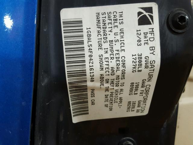 1G8AL54F04Z161340 - 2004 SATURN ION LEVEL ლურჯი ფოტო 10