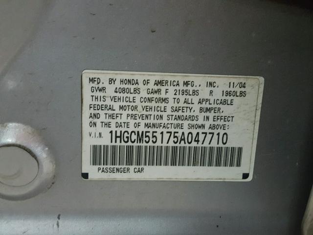 1HGCM55175A047710 - 2005 HONDA ACCORD DX SILVER photo 10