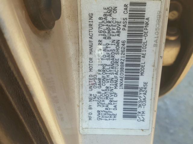 1NXAE09B8RZ126246 - 1994 TOYOTA COROLLA LE TAN photo 10