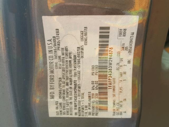 1FAFP34383W294878 - 2003 FORD FOCUS SE C GRAY photo 10