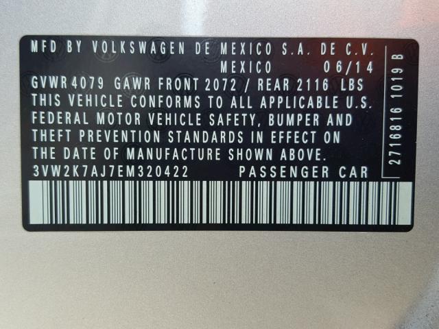 3VW2K7AJ7EM320422 - 2014 VOLKSWAGEN JETTA BASE 银色 照片 10