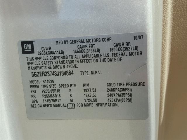 5GZER23748J184864 - 2008 SATURN OUTLOOK XR თაფლისფერი ფოტო 10