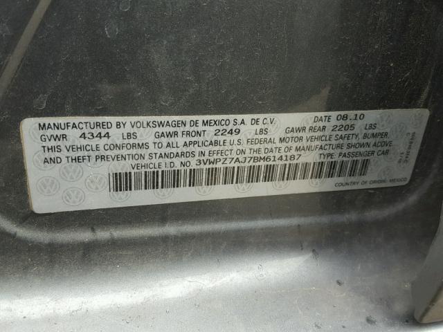 3VWPZ7AJ7BM614187 - 2011 VOLKSWAGEN JETTA S 灰色 照片 10