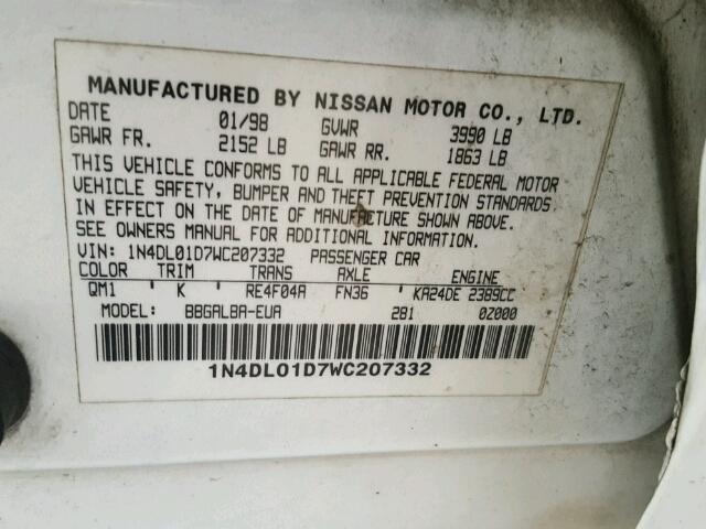 1N4DL01D7WC207332 - 1998 NISSAN ALTIMA XE WHITE photo 10