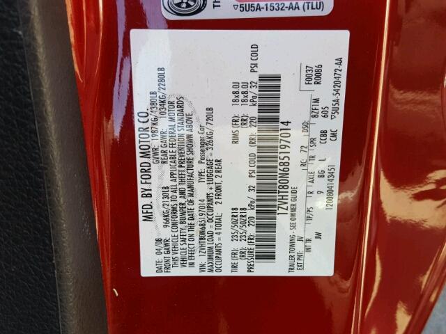 1ZVHT80N685197014 - 2008 FORD MUSTANG RED photo 10