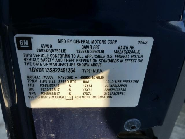 1GKDT13S922451354 - 2002 GMC ENVOY BLUE photo 10