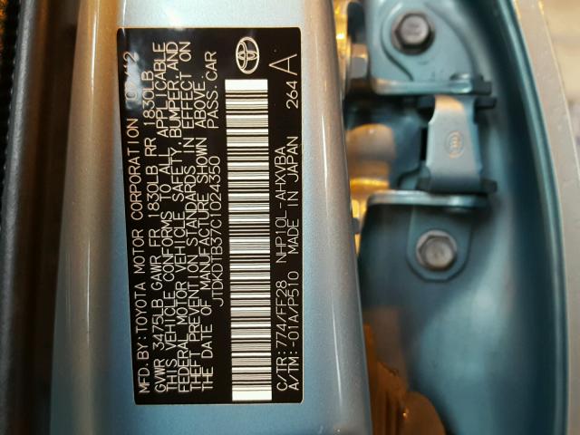 JTDKDTB37C1024350 - 2012 TOYOTA PRIUS C BLUE photo 10