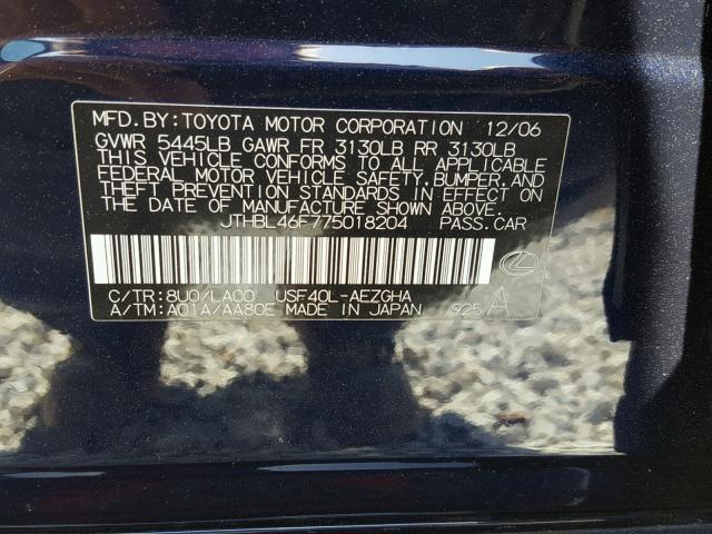 JTHBL46F775018204 - 2007 LEXUS LS 460 BLACK photo 10