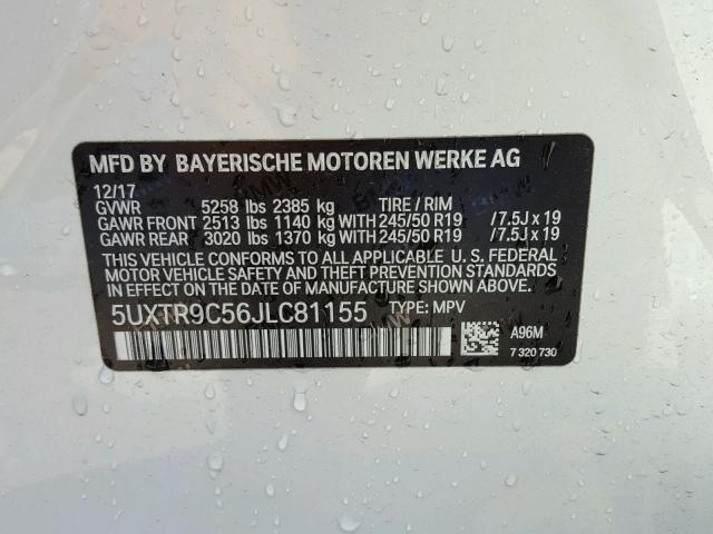 5UXTR9C56JLC81155 - 2018 BMW X3 XDRIVEM WHITE photo 10