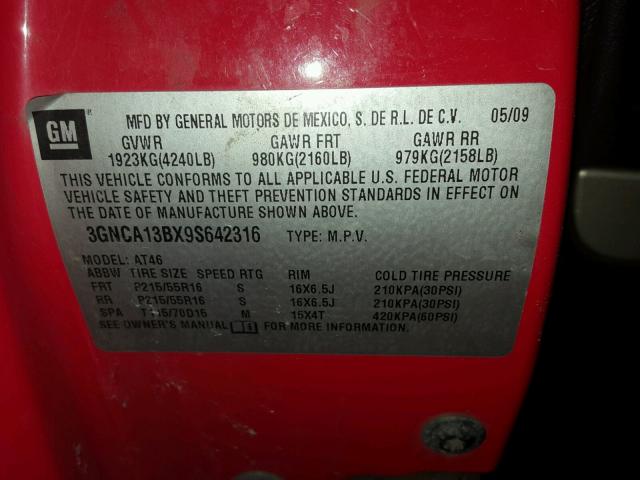 3GNCA13BX9S642316 - 2009 CHEVROLET HHR LS RED photo 10