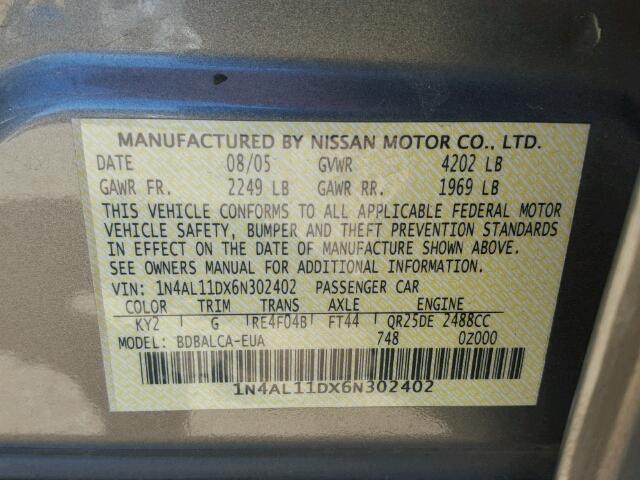 1N4AL11DX6N302402 - 2006 NISSAN ALTIMA S GRAY photo 10