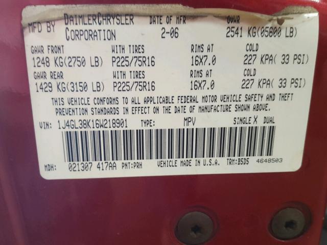 1J4GL38K16W218901 - 2006 JEEP LIBERTY RE RED photo 10