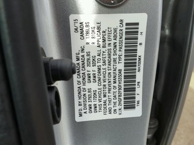 2HGFB2F90FH535048 - 2015 HONDA CIVIC EXL SILVER photo 10