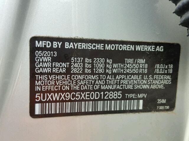 5UXWX9C5XE0D12885 - 2014 BMW X3 XDRIVE2 SILVER photo 10