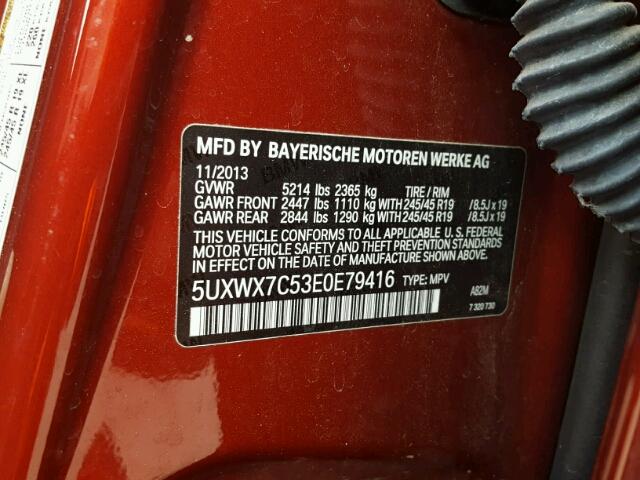 5UXWX7C53E0E79416 - 2014 BMW X3 XDRIVE3 RED photo 10