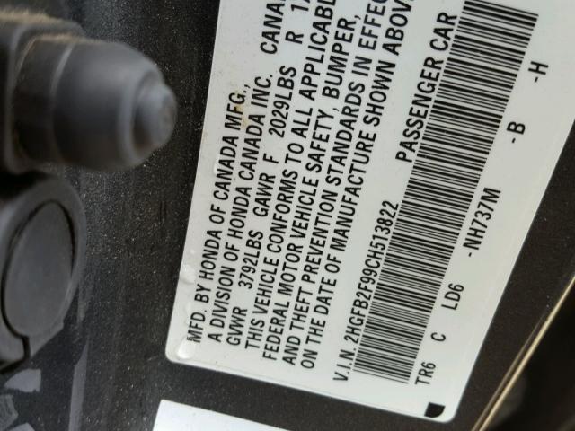 2HGFB2F99CH513822 - 2012 HONDA CIVIC EXL GRAY photo 10
