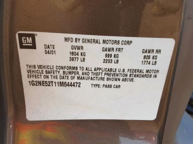 1G2NE52T11M644472 - 2001 PONTIAC GRAND AM S 米色 照片 10