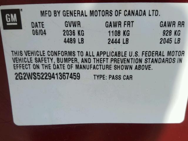 2G2WS522941367459 - 2004 PONTIAC GRAND PRIX მუქწითელი ფოტო 10